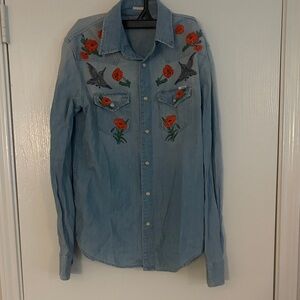 Mother - Don’t Lose Your Shirt - embroidered flowers hummingbirds denim shirt S